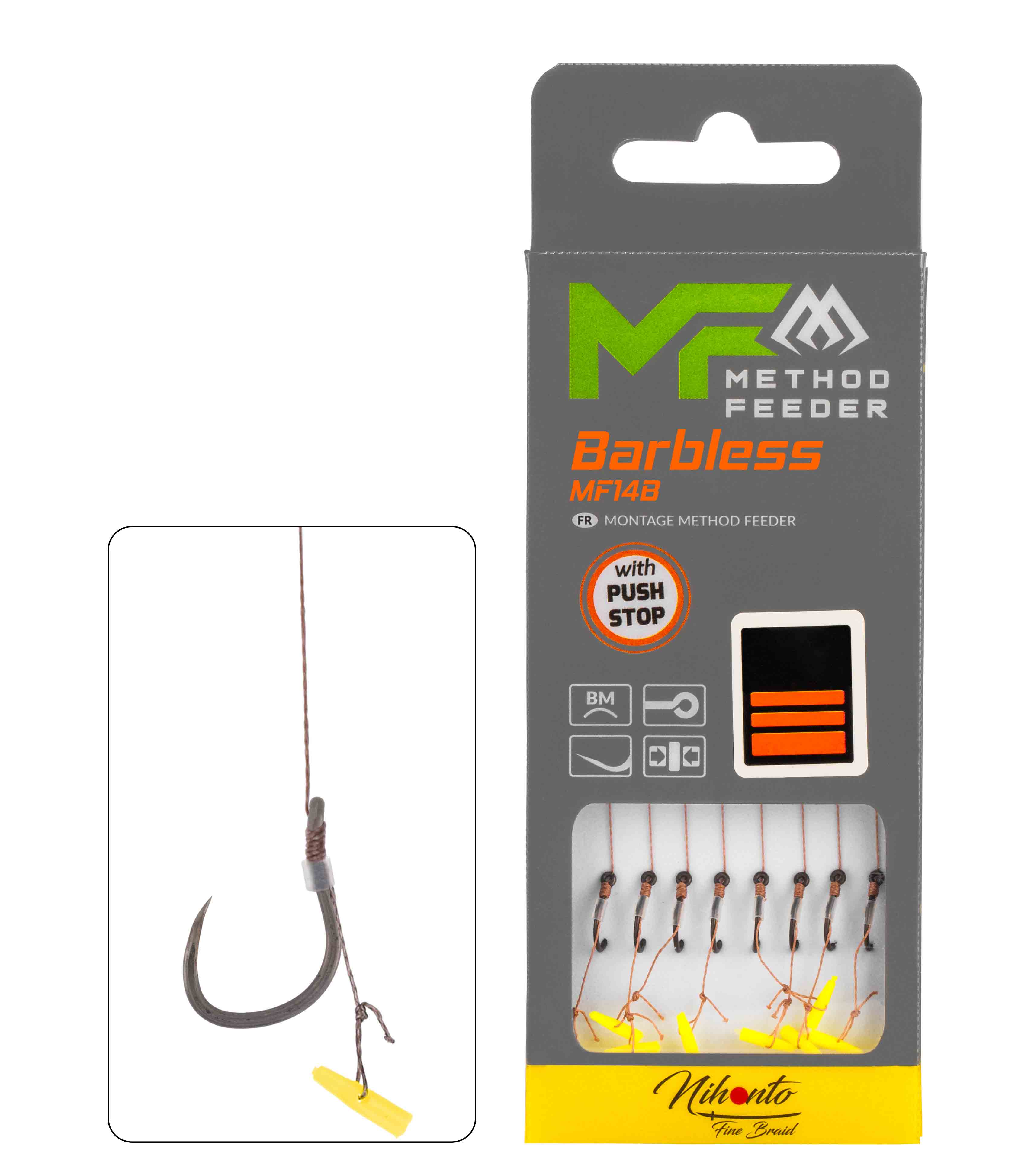 MF RIG - MF14 WITH PUSH STOP - BARBLESS HOOKS NO 4 / braid 0.18mm/10cm - 8 pcs.