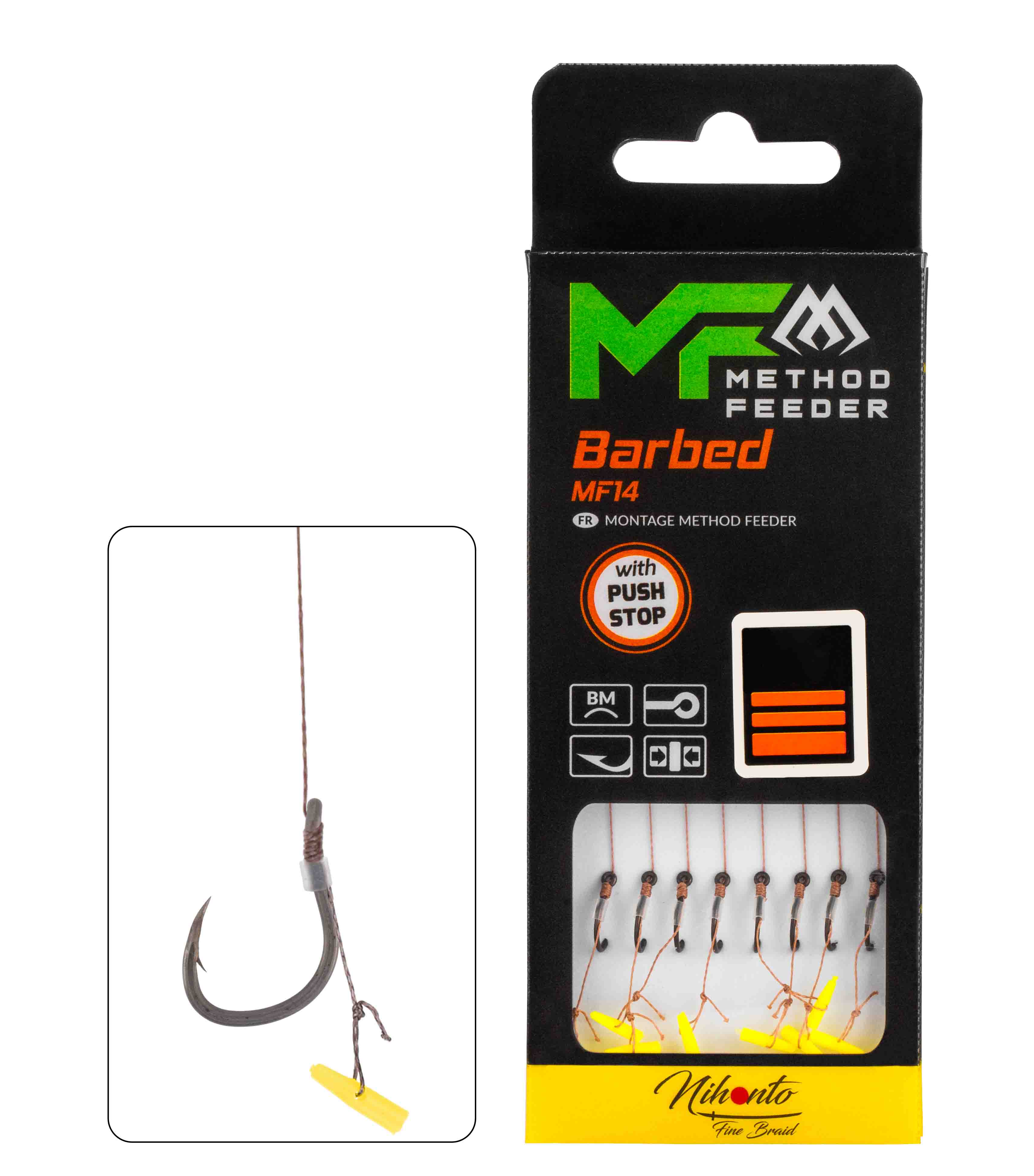 MF RIG - MF14 WITH PUSH STOP - BARBED HOOKS NO 4 / braid 0.18mm/10cm - 8 pcs.